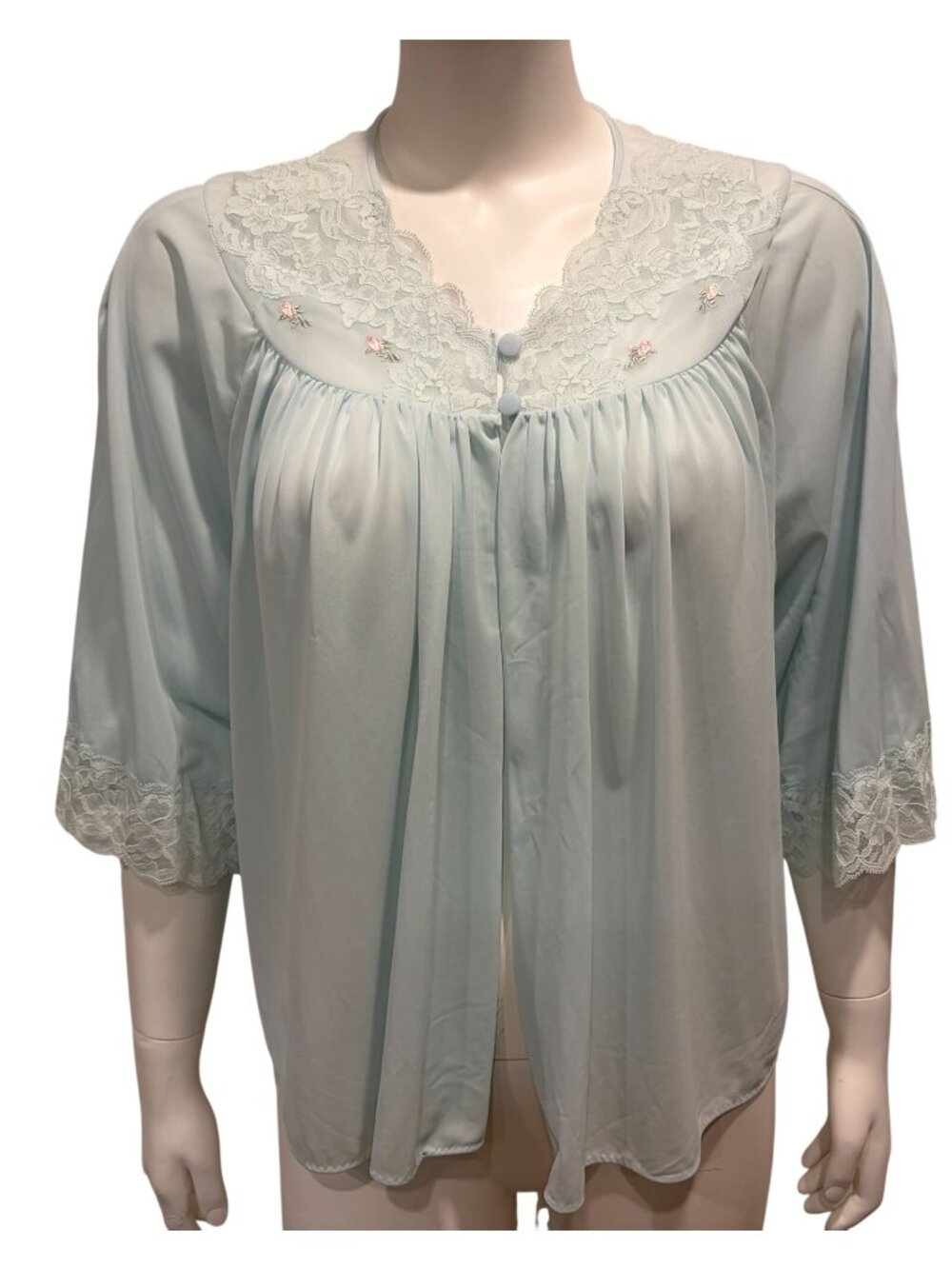 Shadowline Lace Trim Nylon Bed Jacket Womens XL Pale Blue Romantic Made USA